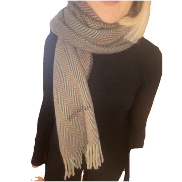 Yves Saint Laurent Wool Square Wrap Scarf Brown Taupe Gray Herringbone Fringe - Picture 4 of 6